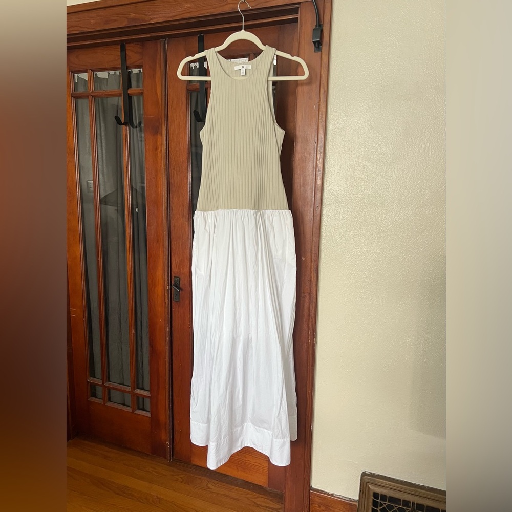 Banana Republic Ribbed Sleeveless Halter Tan and White Maxi Dress with Pockets